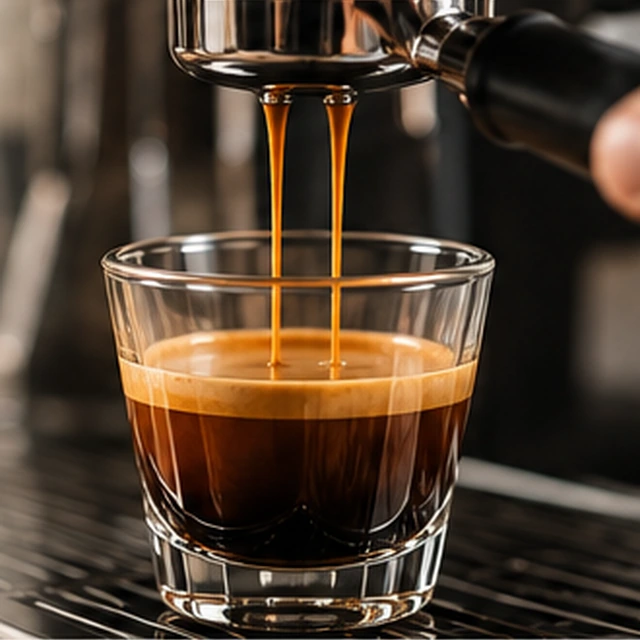 Espresso stroomt uit een portafilter in een keramisch kopje op een weegschaal